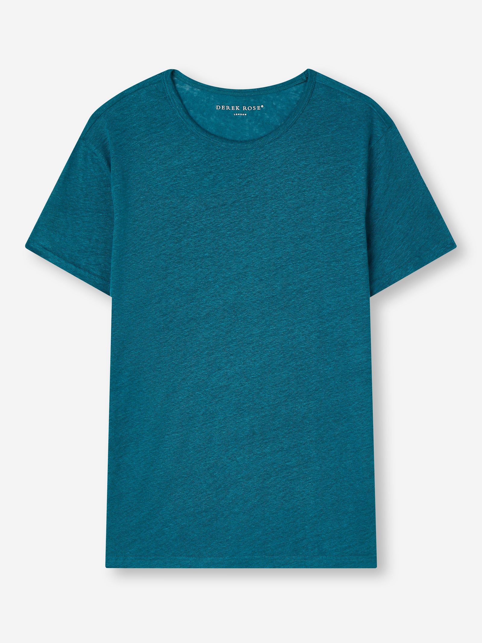 A teal t-shirt with a crew neck and a ribbed texture, placed against a white background.