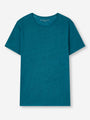 A teal t-shirt with a crew neck and a ribbed texture, placed against a white background.