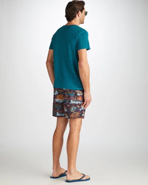 A full body backside shot of a model wearing a plain teal crew neck t-shirt with brown decorative shorts, sunglasses, and blue flip flops. The model is standing in front of a white background.