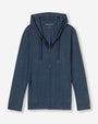 A full view of dark blue hooded zip-up jacket, featuring an all-over pattern of small, geometric shapes. The background is plain white.