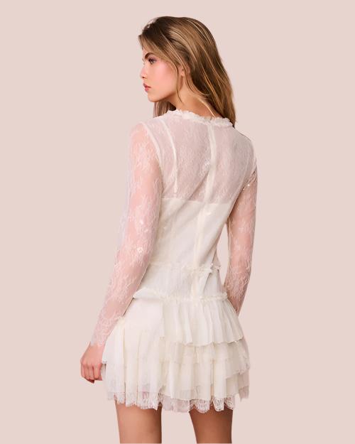 A knee-up backside shot of a model wearing a thin-strapped V-neck white dress with a sheer long-sleeve layer over it, with a ruffled skirt. The background is plain white.