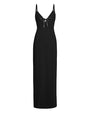 A long black gown with thin shoulder straps, and a deep V-neckline adorned with a decorative bow at the center. The background is plain white.