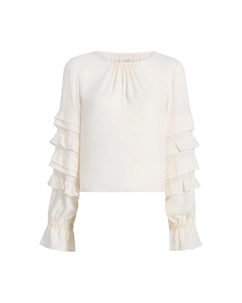 White blouse with ruffled sleeves on a white background