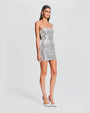 An angled full body view of a brunette model wearing a short, grey thin strapped dress adorned with shimmering sequins. The model is also wearing long dangly silver earrings with silver heels and is standing in front of a white background.
