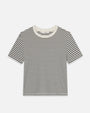 A short-sleeved, crew-neck t-shirt with thin horizontal black and white stripes, and a white neckline placed against a white background.