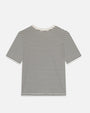 A backside view of a short-sleeved, crew-neck t-shirt with horizontal black and white stripes and a white neckline against a white background.