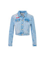 A full view of a light-blue silver button-down denim jacket with cherries and a bow embroidered above the right chest pocket. The background is plain white.