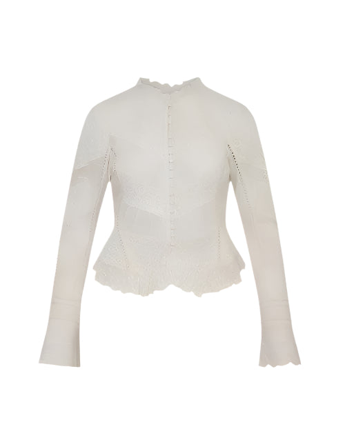 A white, long-sleeved button-down blouse with a high collar, featuring intricate lace detailing and scalloped edges at the hem and cuffs. The background is white.