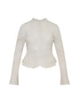 A white, long-sleeved button-down blouse with a high collar, featuring intricate lace detailing and scalloped edges at the hem and cuffs. The background is white.