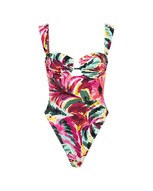 A vibrant one-piece swimsuit with a colorful watercolor floral pattern, a sweetheart neckline and a small cutout detail. The background is white.