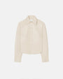 An Off-White long-sleeved button-down jacket with a collar and white buttons, placed against a white background.