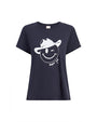 A navy crewneck t-shirt with a graphic of a smiling winky face wearing a cowboy hat. The shirt has the words "bonjour y'all" written in cursive below the face and is placed against a white background.