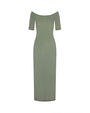 A sage green off the shoulder dress with short sleeves, placed against a white background.