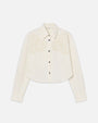 A long sleeve collared white jacket with doily/floral embroidery on the left and right sides of the chest, set up in front of a white background. The jacket has silver buttons and is slightly cropped.