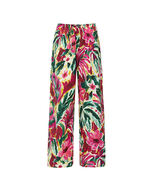 A pair of loose-fitting pants with an elastic waistband and drawstrings, and a watercolor floral design. The background is completely white.