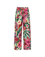 A pair of loose-fitting pants with an elastic waistband and drawstrings, and a watercolor floral design. The background is completely white.