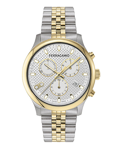 A luxury wristwatch with a silver and gold metal band floating against a white background. The watch face is white with a textured pattern, and the brand name 'Ferragamo' is displayed at the top center of the watch face.