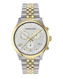 A luxury wristwatch with a silver and gold metal band floating against a white background. The watch face is white with a textured pattern, and the brand name 'Ferragamo' is displayed at the top center of the watch face.
