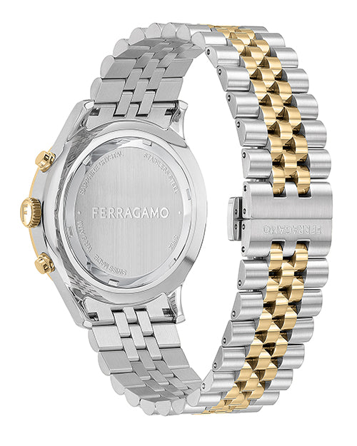 The back of a metallic silver and gold Ferragamo wristwatch against a white background. The back face is engraved with 'FERRAGAMO' in the center and at the clasp. Around the edge are the inscriptions 'SWISS MADE,' 'STAINLESS STEEL,' and 'WATER RESISTANT.'