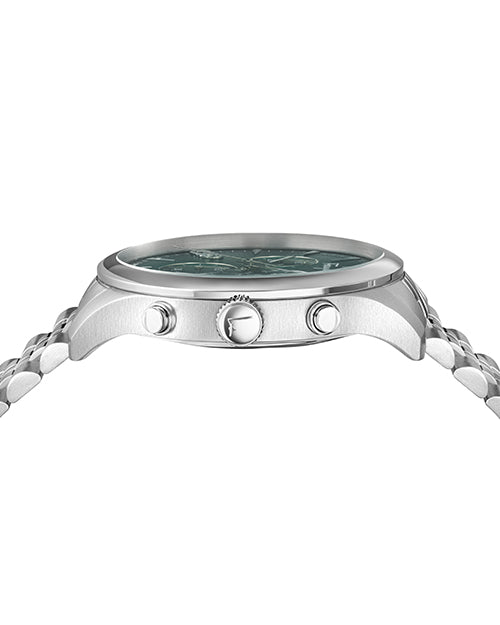 Close-up side view of a silver wristwatch with a metallic band and a round face featuring a gree dial. The watch has three silver-colored side buttons, with the central button being larger and textured for grip, flanked by two smaller smooth buttons.