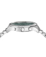 Close-up side view of a silver wristwatch with a metallic band and a round face featuring a gree dial. The watch has three silver-colored side buttons, with the central button being larger and textured for grip, flanked by two smaller smooth buttons.