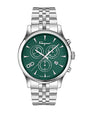 Salvatore Ferragamo watch with green face and silver bracelet on white background