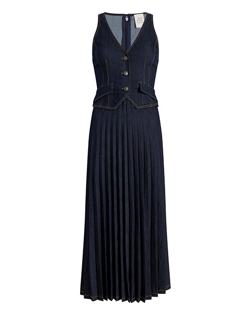 Navy blue dress with button details, pleaded skirt on a white background