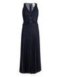 Navy blue dress with button details, pleaded skirt on a white background