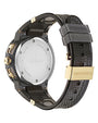 A backside view of a black transparent wristwatch with a round silver case back engraved with "FERRAGAMO" at the center, along with "SWISS MADE," "SAPPHIRE CRYSTAL," and "5 ATM." The strap has a textured pattern and gold-tone accents, including a clasp with the Ferragamo logo. The background is plain white.