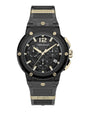 A frontal view of a sporty, black wristwatch with gold accents, the text "FERRAGAMO" at the top on a gold bar, and "F-80" at the bottom. The word "FERRAGAMO" also appears below the number "12" on the top of the watch face. The background is plain white.