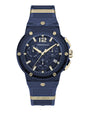 A frontal view of a sporty navy-blue wristwatch with gold accents, the text "FERRAGAMO" at the top on a gold bar, and "F-80" at the bottom. The word "FERRAGAMO" also appears below the number "12" on the top of the watch face. The background is plain white.