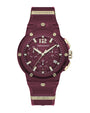 A frontal view of a sporty, burgundy-colored wristwatch with gold accents, the text "FERRAGAMO" at the top on a gold bar, and "F-80" at the bottom. The word "FERRAGAMO" also appears below the number "12" on the top of the watch face. The background is plain white.