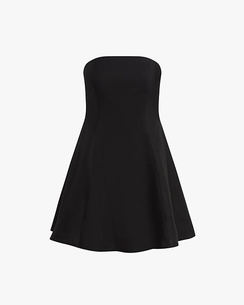 A strapless black dress that flares out at the bottom, placed against a white background.
