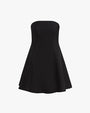 A strapless black dress that flares out at the bottom, placed against a white background.