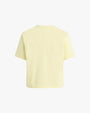 The backside view of a light yellow short-sleeved t-shirt. The background is plain white.