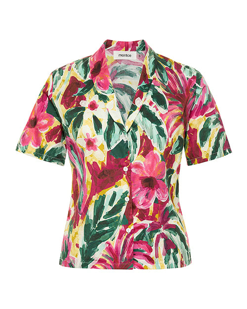 A short sleeve button down shirt with a floral watercolor design, and a rectangular white tag reading "MONTCE" on the inner neckline. The background is plain white.