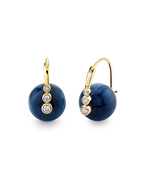 A pair of dark blue spherical gemstone earrings, each attached to a gold hoop adorned with a linear arrangement of round diamonds. The background is plain white.
