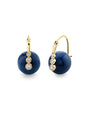 A pair of dark blue spherical gemstone earrings, each attached to a gold hoop adorned with a linear arrangement of round diamonds. The background is plain white.