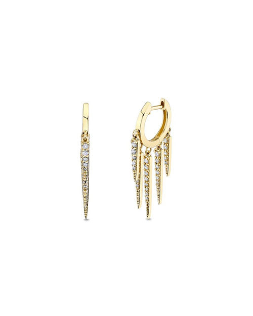 A pair of gold hoop earrings with jewel adorned spikes hanging from the hoops. The earrings are floating in front of a white background.