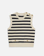 A full image of a sleeveless, knitted top with horizontal black- and cream-colored stripes and two frontal pockets. The neckline has a braided texture, and the top is embellished with gold buttons on the waistline and shoulder.