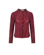 A long-sleeved, button-up maroon blouse with intricate floral and geometric patterns. The background is plain white.