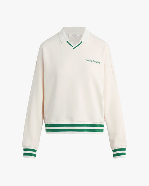 A white long-sleeve sweatshirt with green stripes on the cuffs and hem. The sweatshirt has a collar and a V-neck design, with text on the left chest area that reads "Favorite Daughter" in green. There is a rectangular white tag under the inner neckline.