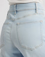 A close-up backside view of a person wearing light blue high-waisted wide-leg jeans. The jeans have back pockets, and a slightly faded wash.