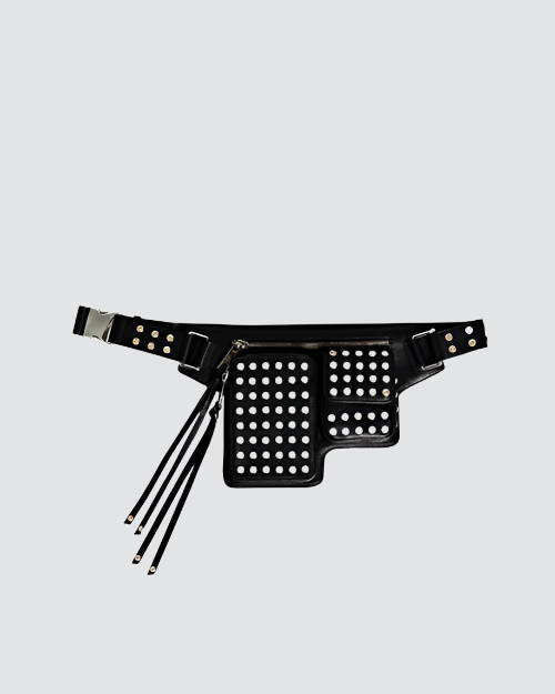 A black utility belt featuring multiple rectangular shaped pouches with studs on the belt, and long tassel zippers. The background is plain white.