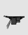 A black utility belt featuring multiple rectangular shaped pouches with studs on the belt, and long tassel zippers. The background is plain white.