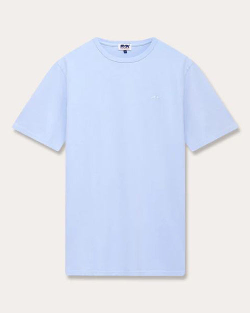 A light blue, short-sleeve crewneck T-shirt with a white and blue square tag on the inner neckline. The shirt is placed against a white background.