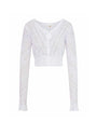 A white, long-sleeved, cropped cardigan with a V-neckline, featuring a delicate, semi-transparent knit pattern and features a large single button closure at the front. The shirt is placed in front of a white background.