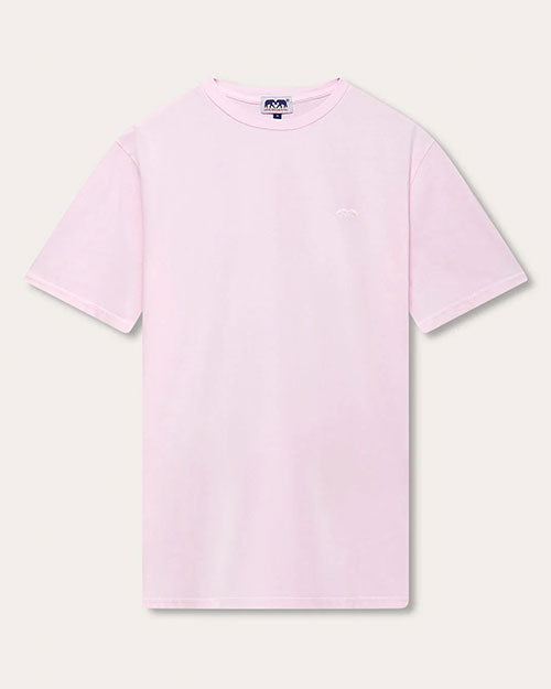A light pink, short-sleeve crewneck T-shirt with a white and blue square tag on the inner neckline. The shirt is placed against a white background.