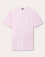 A light pink, short-sleeve crewneck T-shirt with a white and blue square tag on the inner neckline. The shirt is placed against a white background.