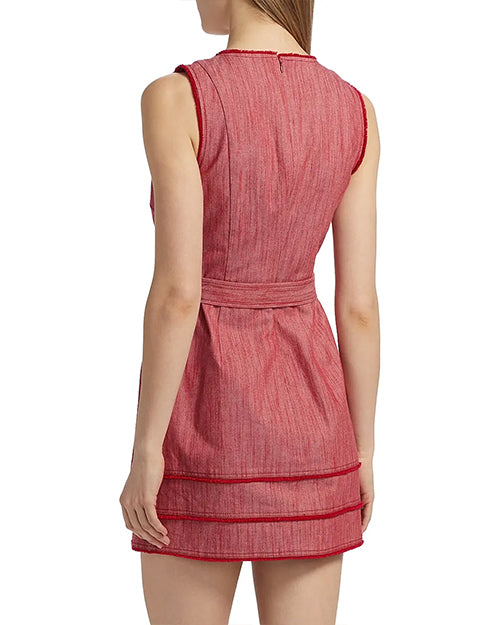 Back view of a model wearing a sleeveless red dress  on a white background. Image only shows from neck to above knees.